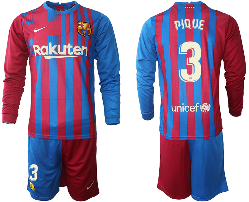 Men 2021-2022 Club Barcelona home red blue Long Sleeve #3 Nike Soccer Jersey